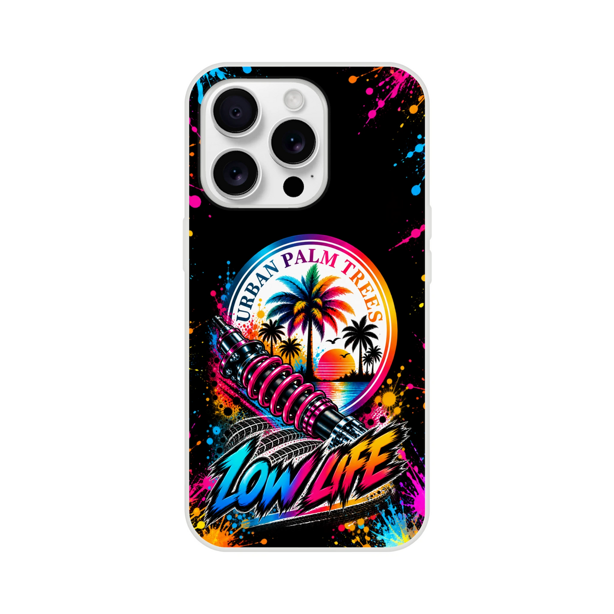 Low Life car culture iPhone case featuring Urban Palm Trees graphic, neon splatter art, shock absorber, and tropical sunset design.