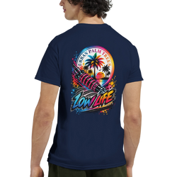 Navy men's graphic tee featuring a low life car culture design with a shock absorber, palm trees, and sunset.