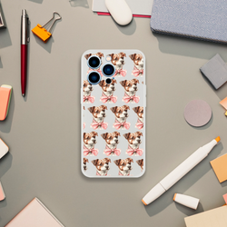 Slim transparent iPhone case for 13-16 with a repeating pattern of cute dog faces wearing pink bows.