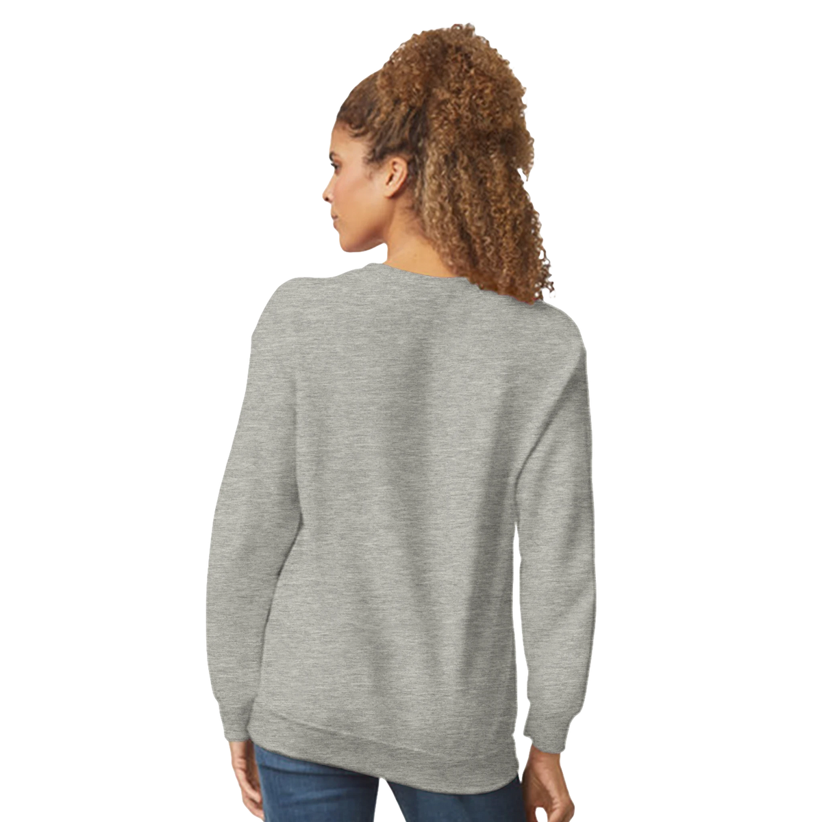 Back view of a woman wearing the Cute Wild And Free Sweatshirt, heather gray, casual streetwear.