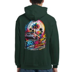 Back of dark green hoodie featuring "Built Not Bought" graphic with modified car, palm trees, and colorful sunset design.