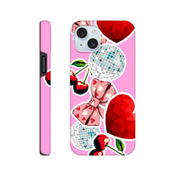 Pink iPhone case featuring cherry, bow, and disco ball sticker graphics for Y2K style protection on iPhone 13-16 models.
