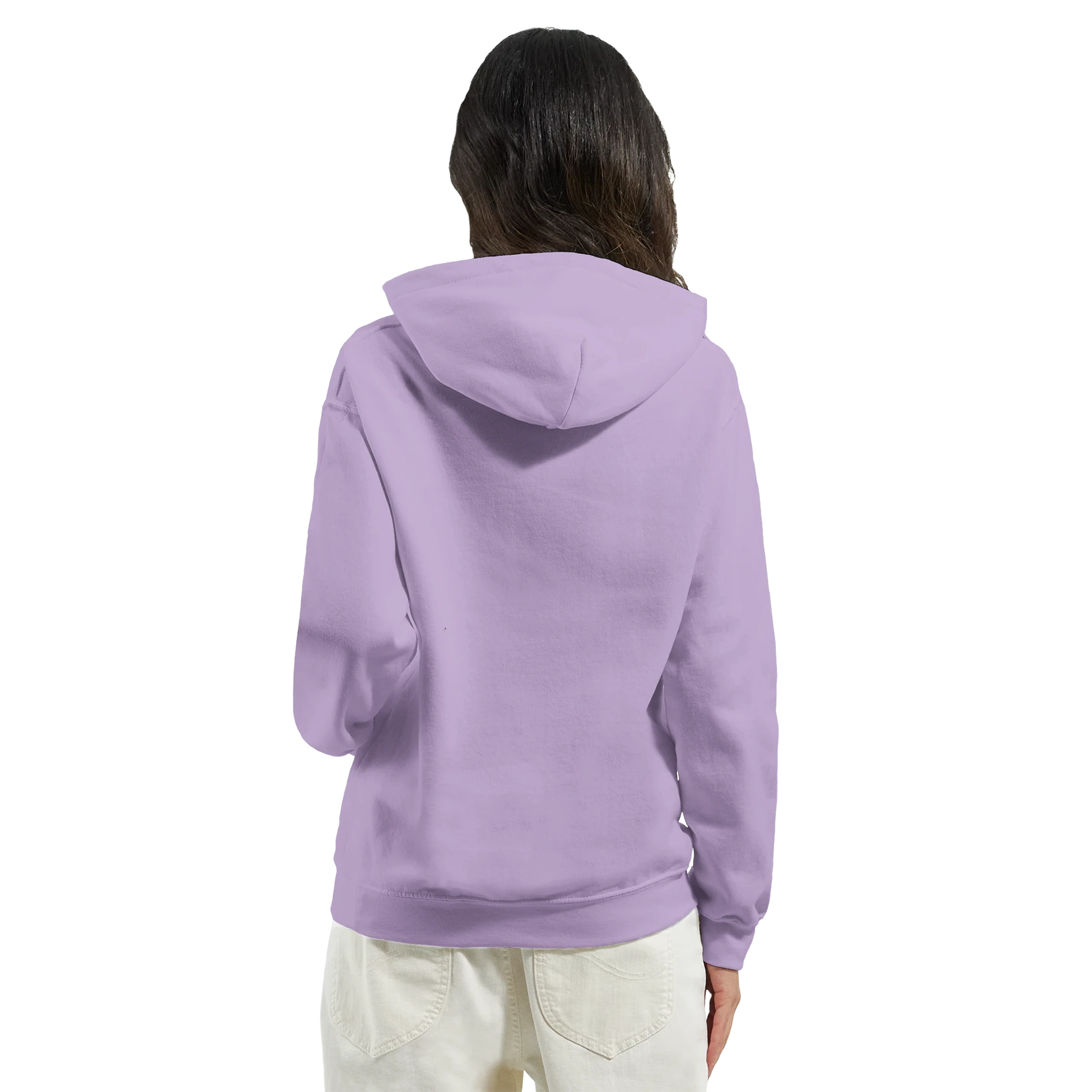 Back view of woman wearing lavender Gent Dog Jumper Women's Graphic Hoodie with hood, front pocket, and rib cuffs.