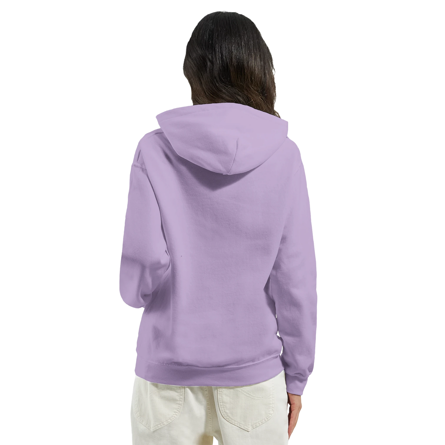 Back view of woman wearing lavender Gent Dog Jumper Women's Graphic Hoodie with hood, front pocket, and rib cuffs.
