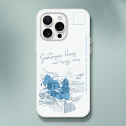 Vintage postcard-style iPhone case for 13-16, Santorini blue-domes scene, slim matte finish, TPU protection.