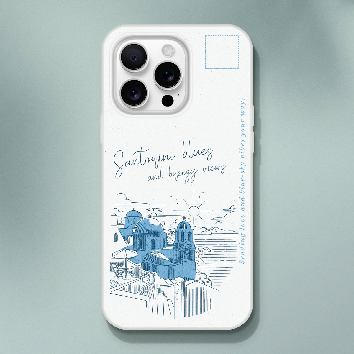 Vintage postcard-style iPhone case for 13-16, Santorini blue-domes scene, slim matte finish, TPU protection.