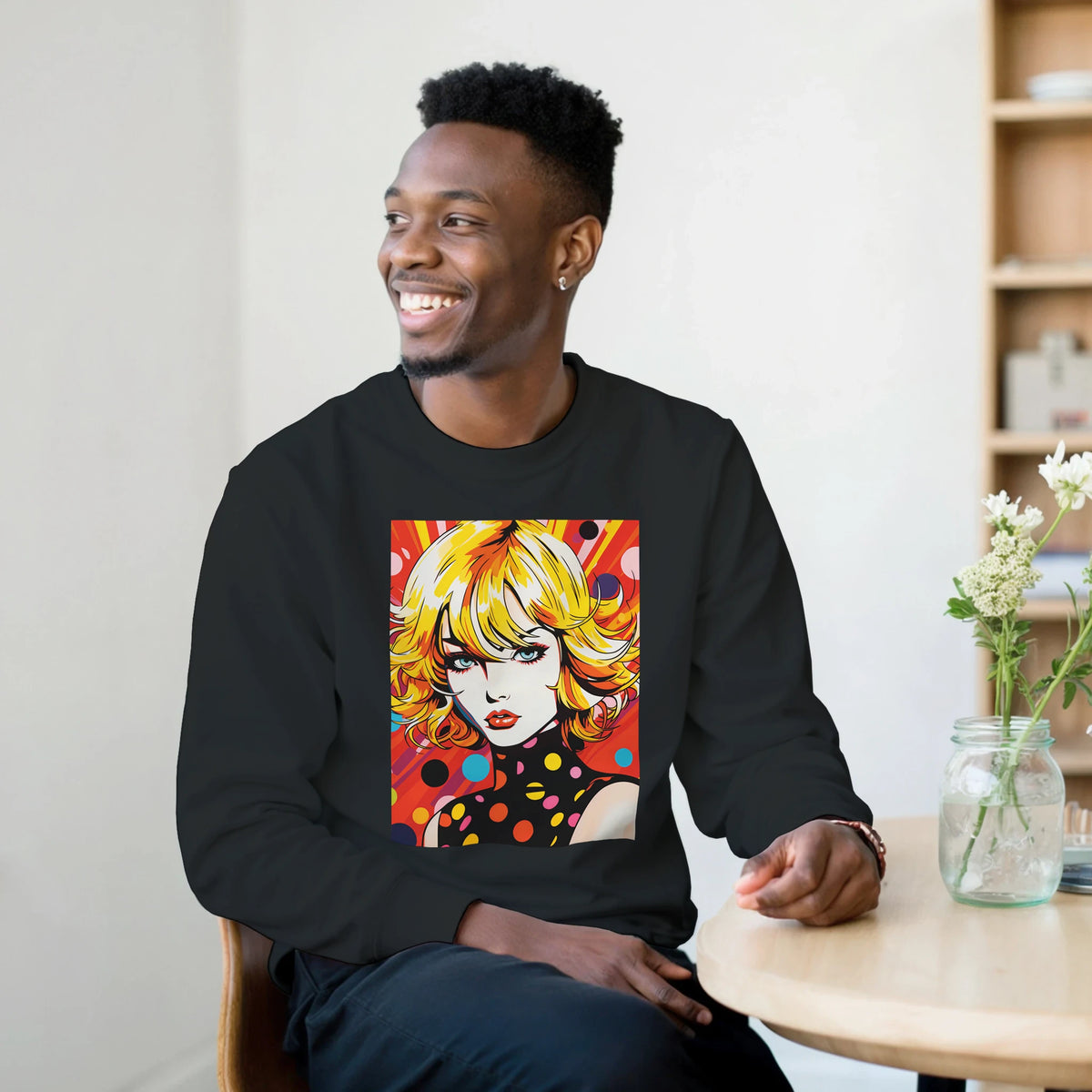 Man wearing black sweatshirt featuring vibrant retro pop art graphic of a blonde woman in comic book style.