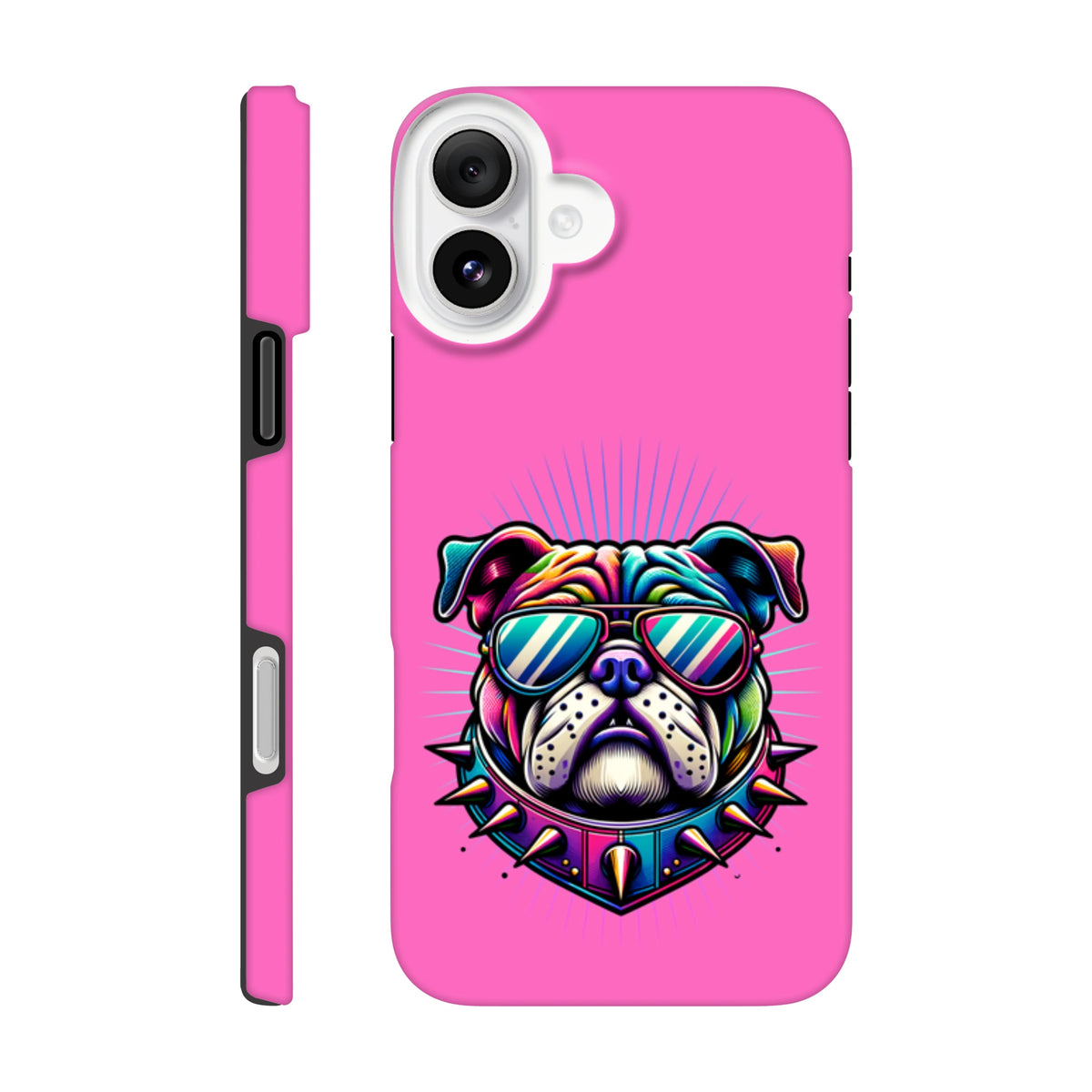 Pink Tough iPhone Case with retro bulldog print and rainbow sunglasses design