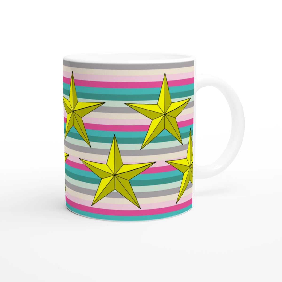 Pastel Stripe Gold Star Mug with yellow stars on pastel stripes, a cute aesthetic coffee cup.