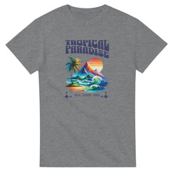Tropical Paradise women's graphic tee in gray with palm tree, mountains, waves and sunset artwork