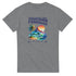 Tropical Paradise women's graphic tee in gray with palm tree, mountains, waves and sunset artwork
