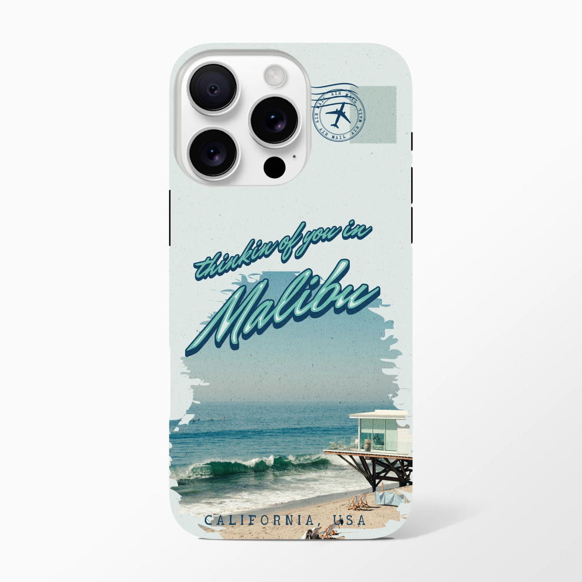 Vintage Malibu California beach iPhone case featuring retro "thinkin of you in Malibu" text, pier graphic, and air mail stamp design.