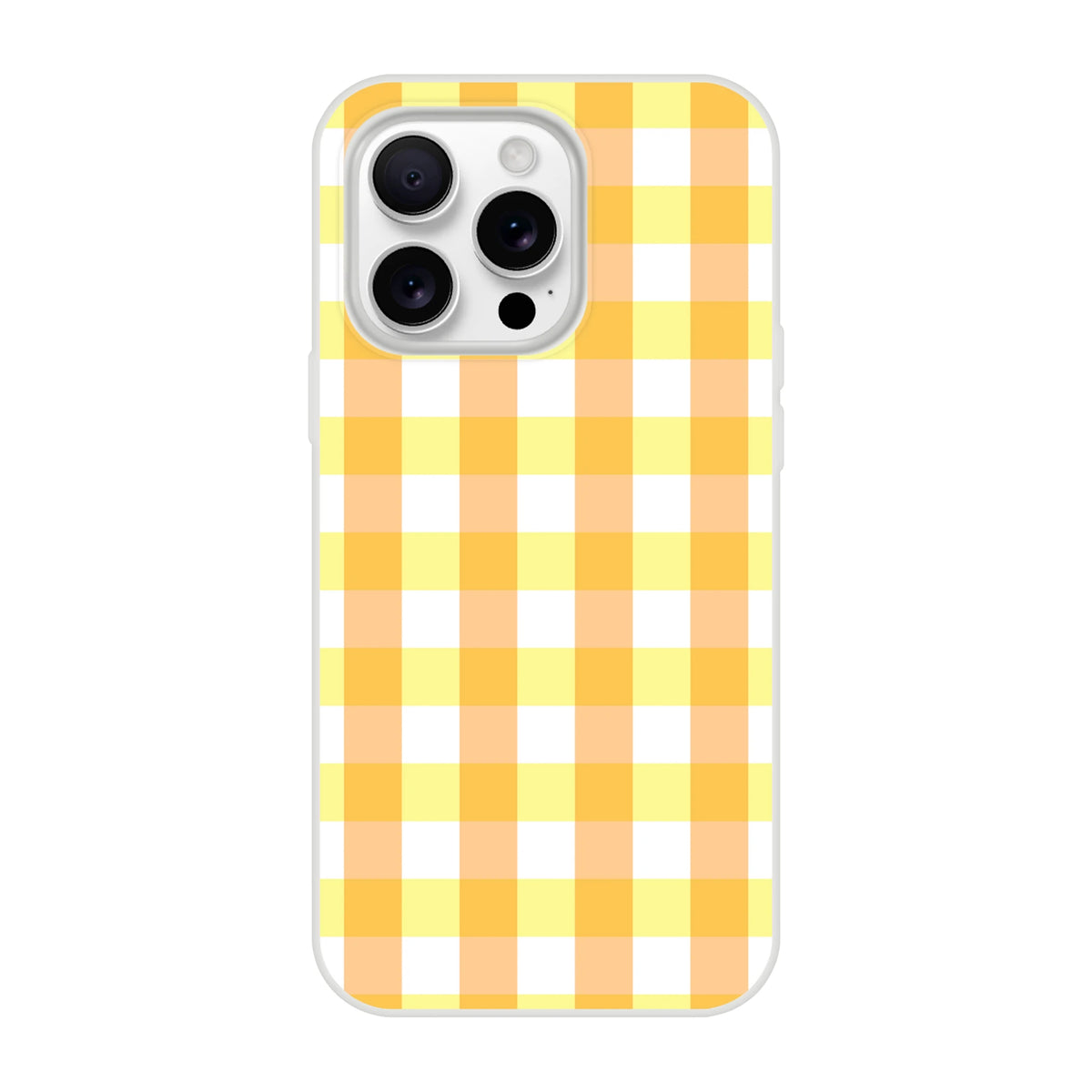Yellow gingham iPhone case for 13-16 with bold checkered motif and white border.