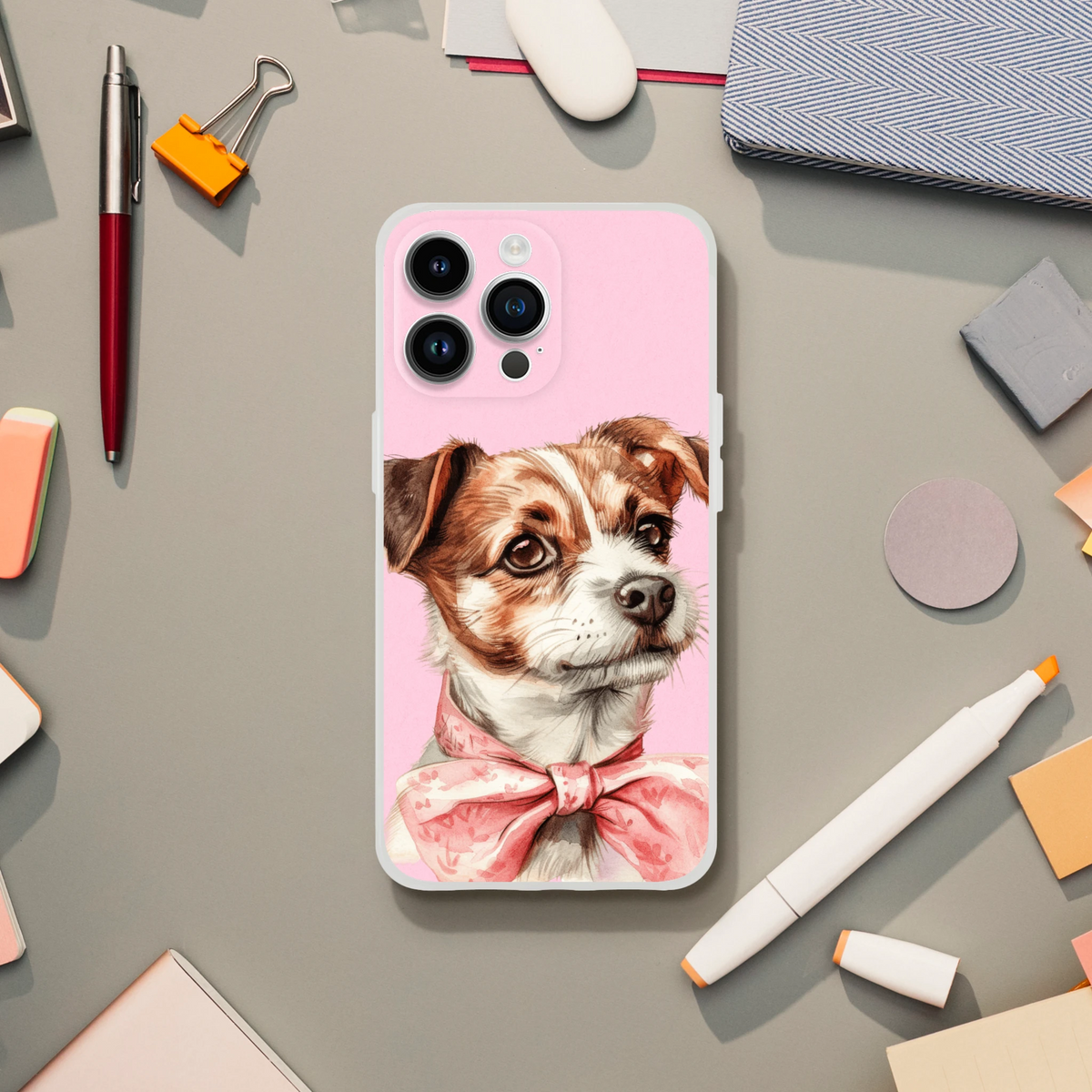 Pink dog portrait iPhone case with bow, retro aesthetic, slim matte cover for iPhone 13–16.