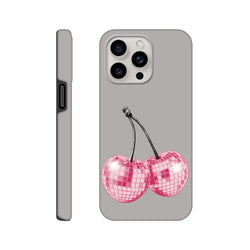 Grey iPhone case featuring pink disco ball cherry design. Tough protective fruit phone cover compatible with iPhone 13 through 16 models.