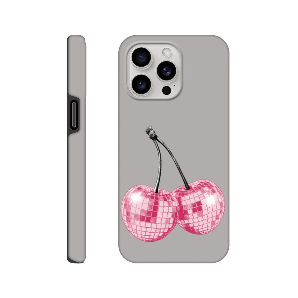 Grey iPhone case featuring pink disco ball cherry design. Tough protective fruit phone cover compatible with iPhone 13 through 16 models.