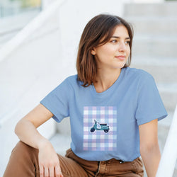 Blue retro gingham graphic tee featuring a pastel scooter design, styled with brown cargo pants for a cute aesthetic.