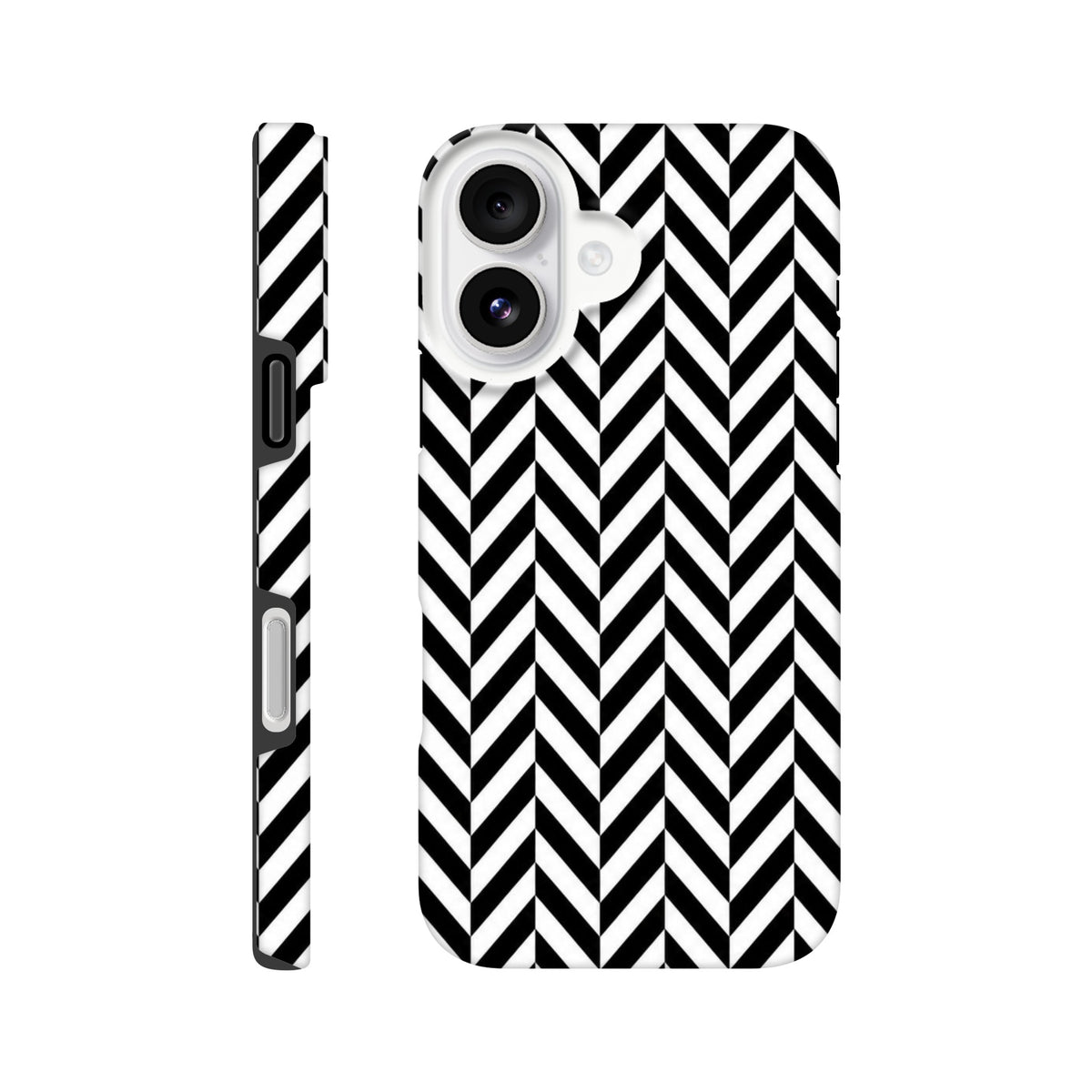 Black and white herringbone tough iPhone case featuring a geometric chevron pattern, dual-layer shell, and shock-absorbing TPU for models 13-16.