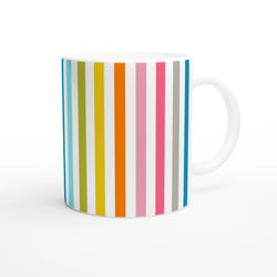 Rainbow Stripe Ceramic Mug - Colourful Coffee Cup with bold vertical color stripes for coffee or tea.