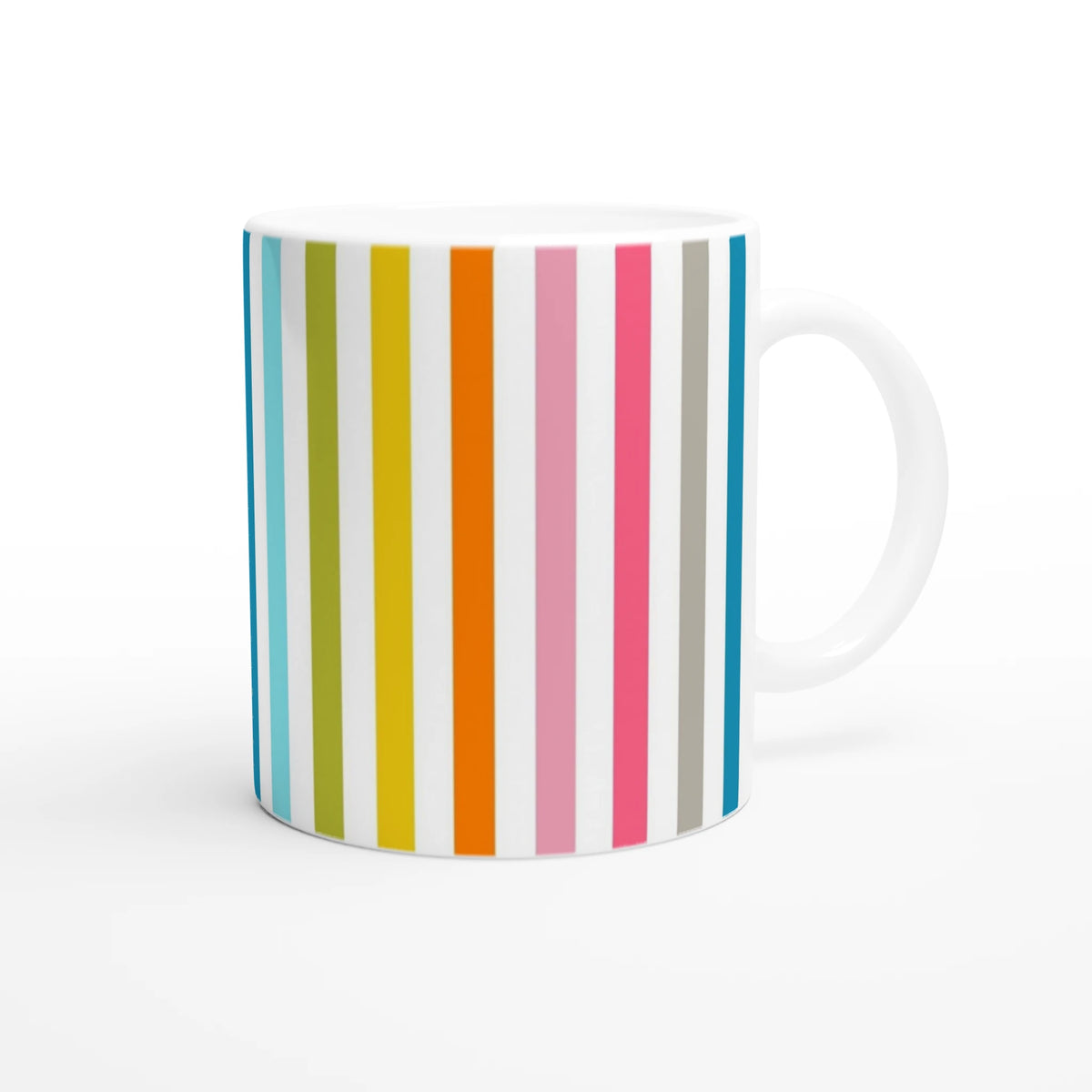 Rainbow Stripe Ceramic Mug - Colourful Coffee Cup with bold vertical color stripes for coffee or tea.