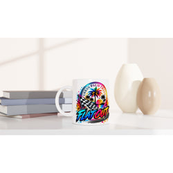 Flat Out Petrolhead Mug with checkered flag and palm tree graphic, perfect car enthusiast coffee cup for daily use or gifting.