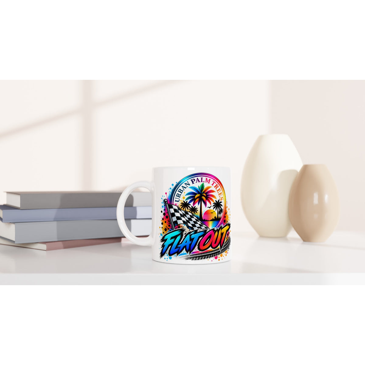 Flat Out Petrolhead Mug with checkered flag and palm tree graphic, perfect car enthusiast coffee cup for daily use or gifting.