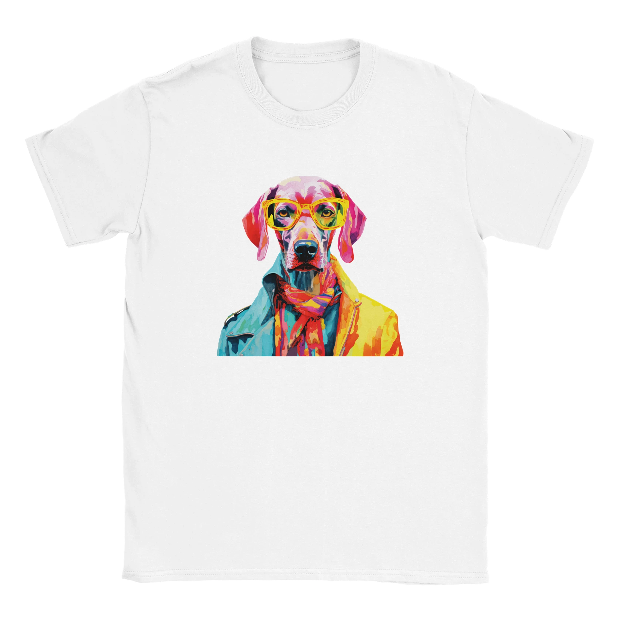White t-shirt with a vibrant pop-art dog wearing yellow sunglasses
