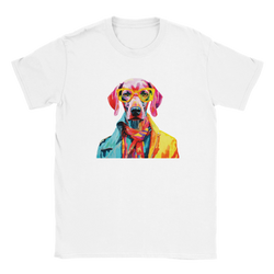 White t-shirt with a vibrant pop-art dog wearing yellow sunglasses