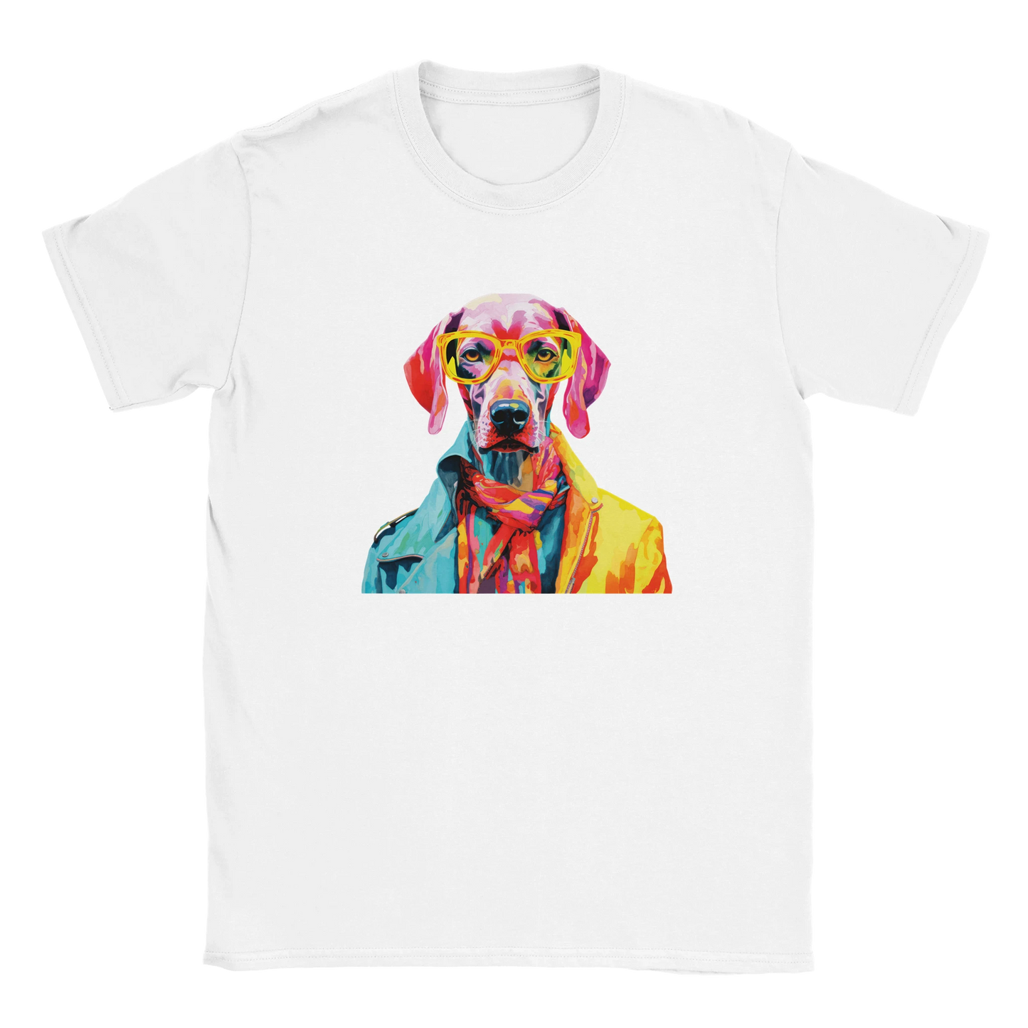 White t-shirt with a vibrant pop-art dog wearing yellow sunglasses