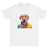 White t-shirt with a vibrant pop-art dog wearing yellow sunglasses