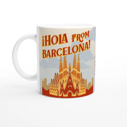 Vintage Barcelona mug with retro postcard design, Hola from Barcelona and city landmarks on ceramic.