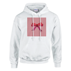 White hoodie featuring a red gingham square with a pink bow. Cute coquette checkered pullover for women.