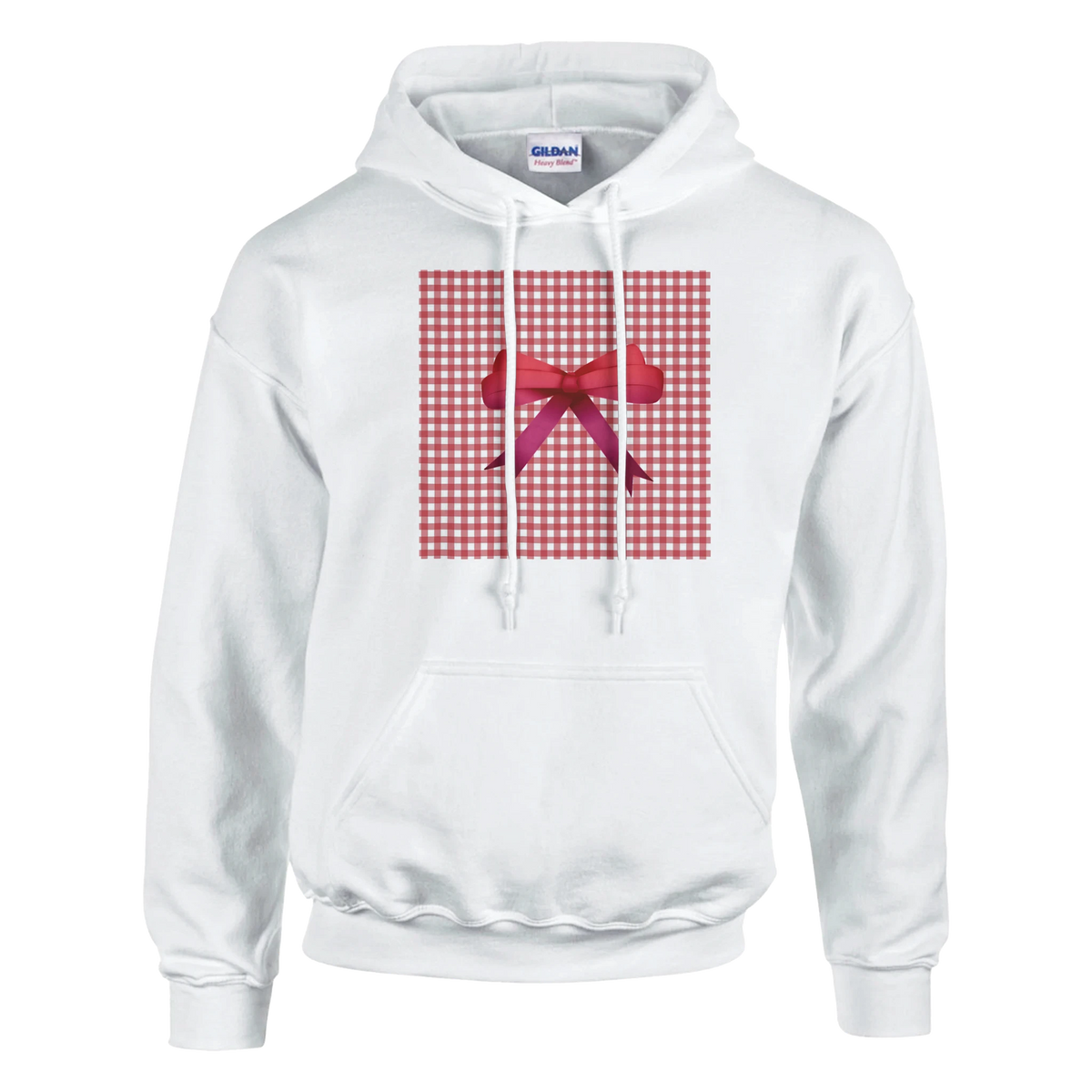 White hoodie featuring a red gingham square with a pink bow. Cute coquette checkered pullover for women.