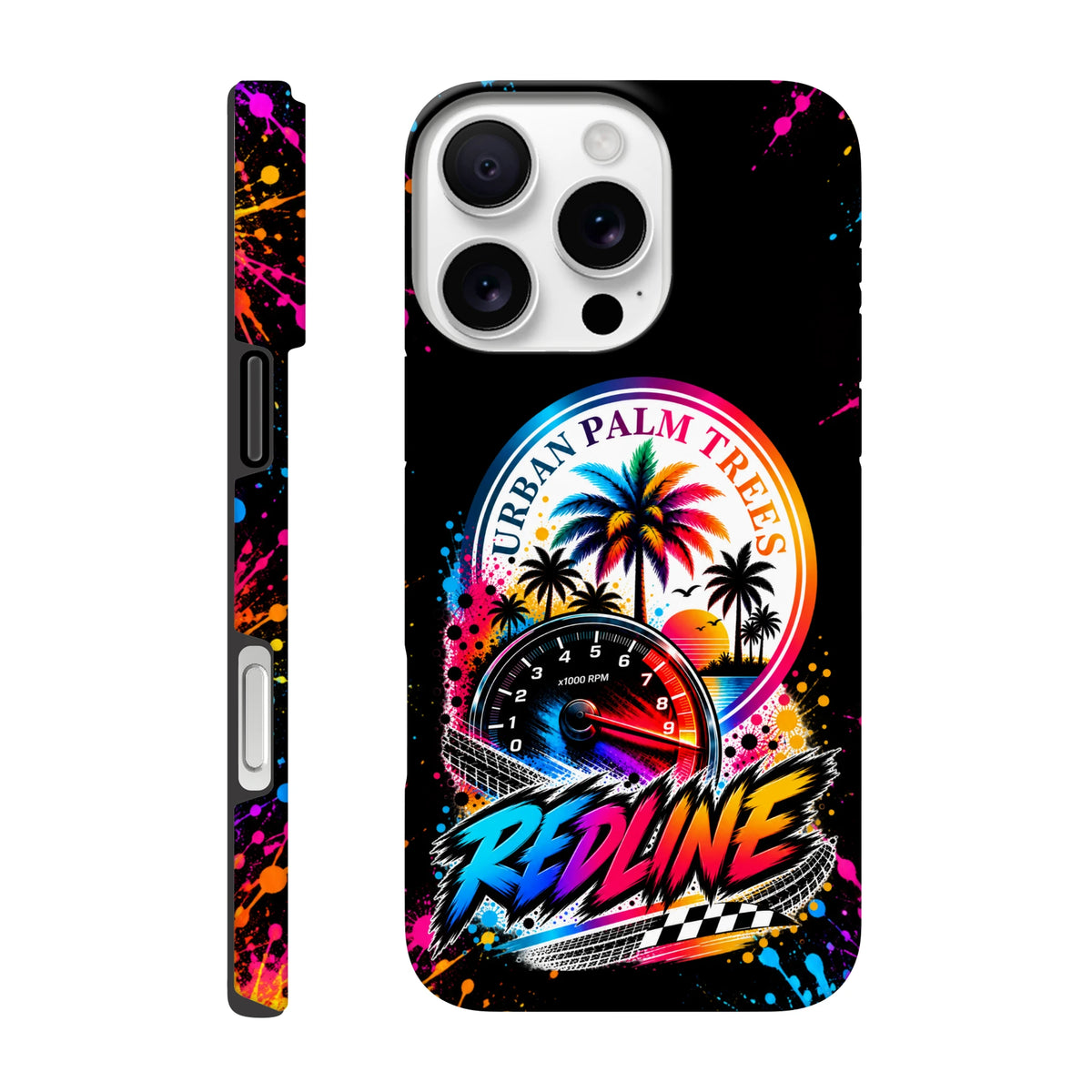 Redline Petrolhead iPhone case with Urban Palm Trees speedometer graphic, colorful paint splatters, and wrapped sides for modified car culture style.