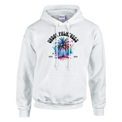 Urban Palm Trees Hoodie for Men: white pullover with bold, colorful palm tree graphic on chest.