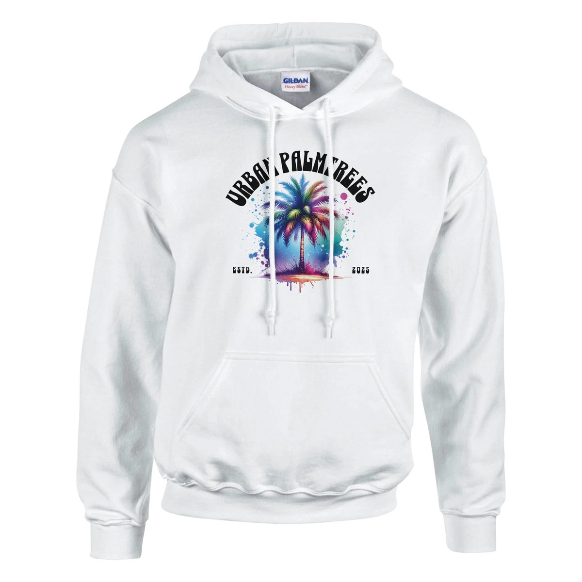 Urban Palm Trees Hoodie for Men: white pullover with bold, colorful palm tree graphic on chest.