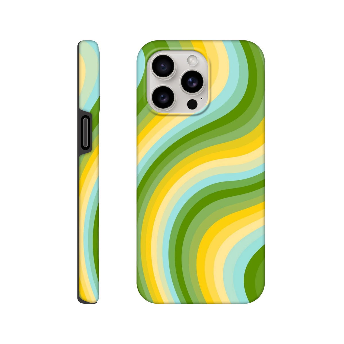 Green and yellow retro wave iPhone case with bold Y2K stripes. Tough, wraparound design perfect for streetwear style.