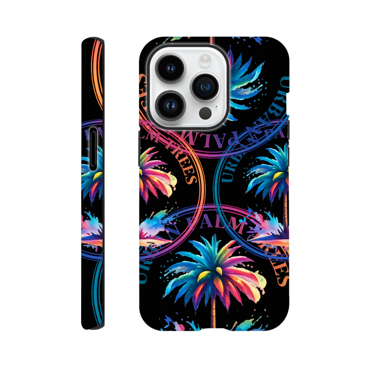 Vibrant Urban Palm Trees iPhone case featuring bold tropical streetwear art with neon palms and circular typography on a black background.