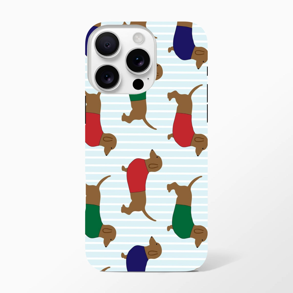 Cute dachshund iPhone case featuring sausage dogs in red, green, and blue sweaters on a light blue striped background.