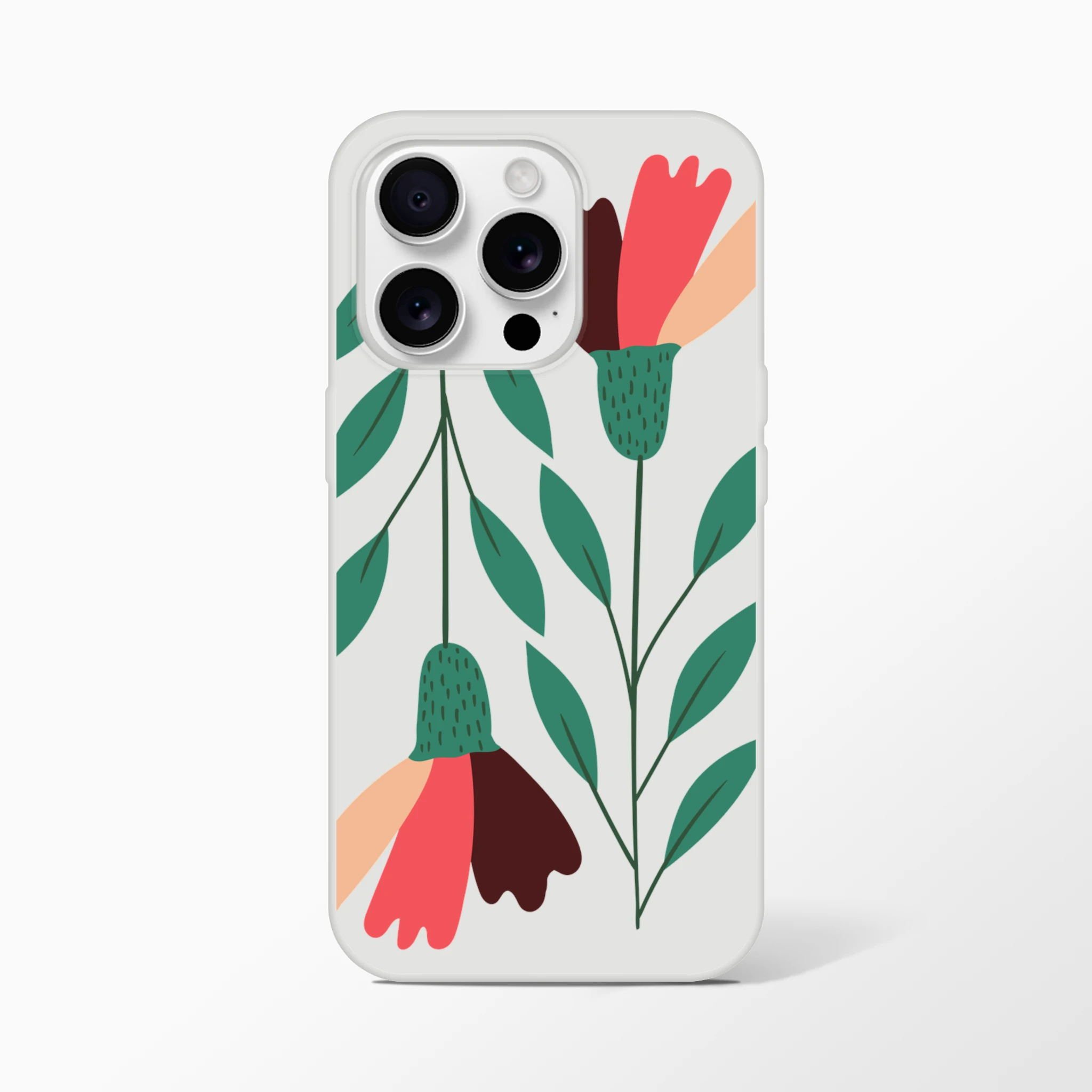 Floral phone case for iPhone 13-16: transparent frosted shell with green leaves and pink-red petals.