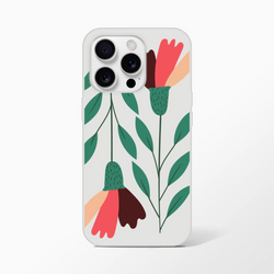Floral phone case for iPhone 13-16: transparent frosted shell with green leaves and pink-red petals.