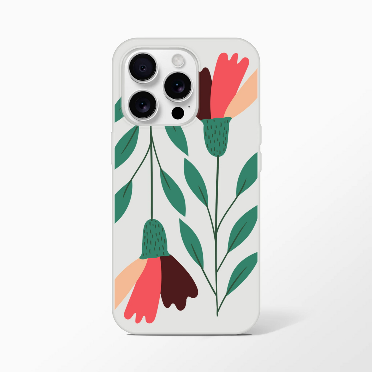 Floral phone case for iPhone 13-16: transparent frosted shell with green leaves and pink-red petals.