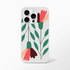 Floral phone case for iPhone 13-16: transparent frosted shell with green leaves and pink-red petals.