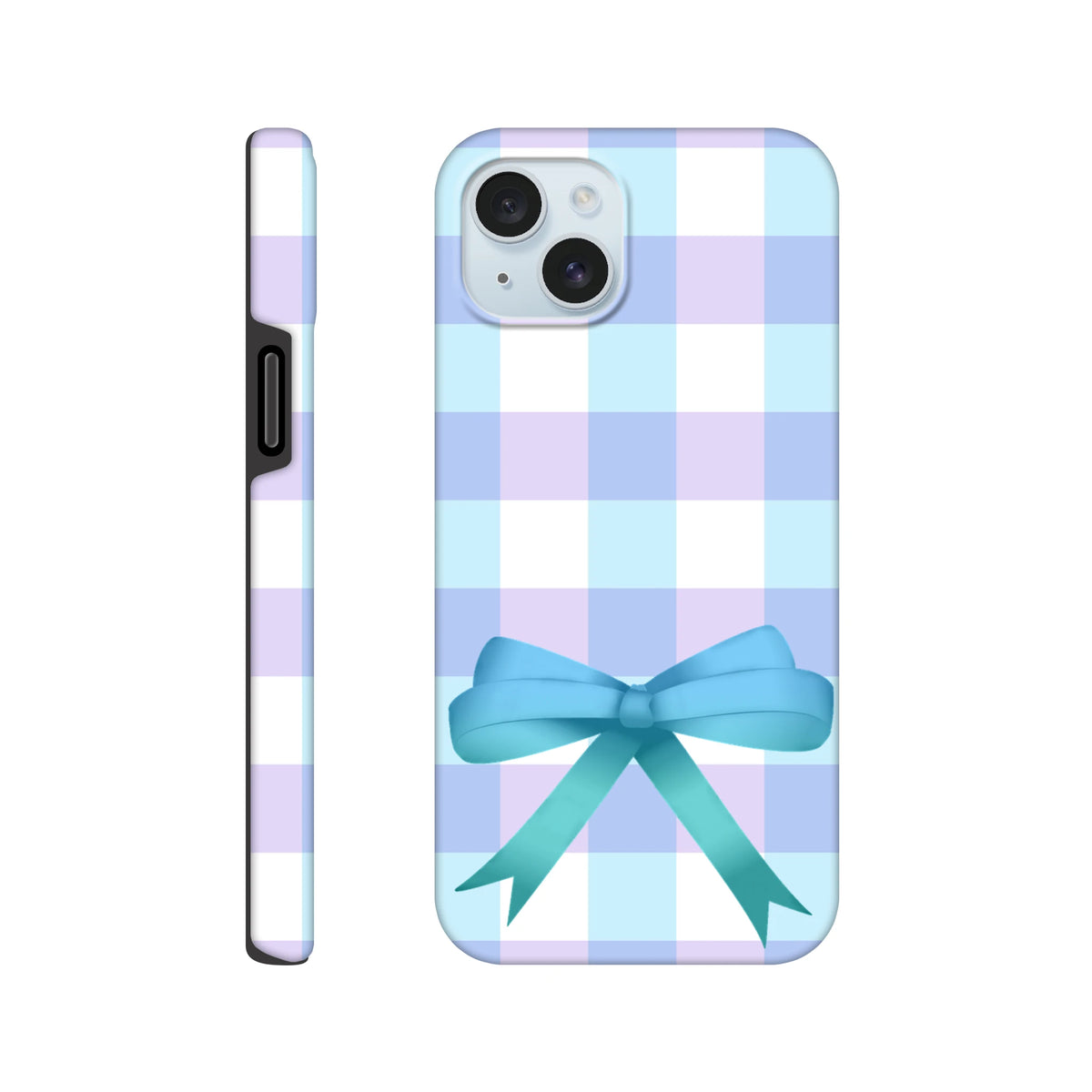 Blue gingham iPhone case with a large 3D teal bow featuring pastel lavender and light blue checks for a cute coquette aesthetic.