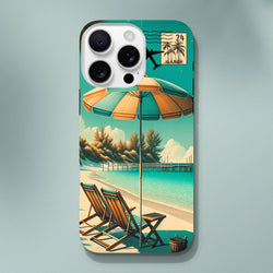 Vintage beach holiday iPhone case featuring retro coastal art with striped umbrella, deck chairs, pier, and postage stamp graphic on teal background.