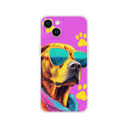 Trendy dog iPhone case 13-16 with purple background, dog wearing sunglasses and yellow paw prints