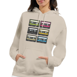 Beige women's hoodie featuring a grid of six colorful vintage cassette tape graphics for a retro 90s music aesthetic.