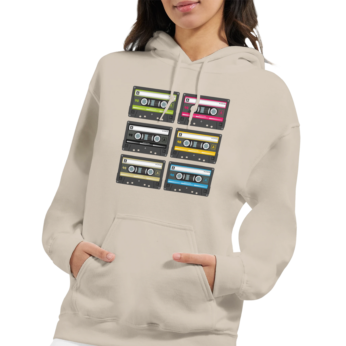 Beige women's hoodie featuring a grid of six colorful vintage cassette tape graphics for a retro 90s music aesthetic.