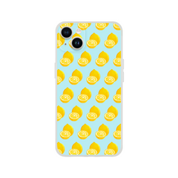 Pastel blue iPhone case featuring a repeating pattern of yellow whole and sliced lemons for summer style.