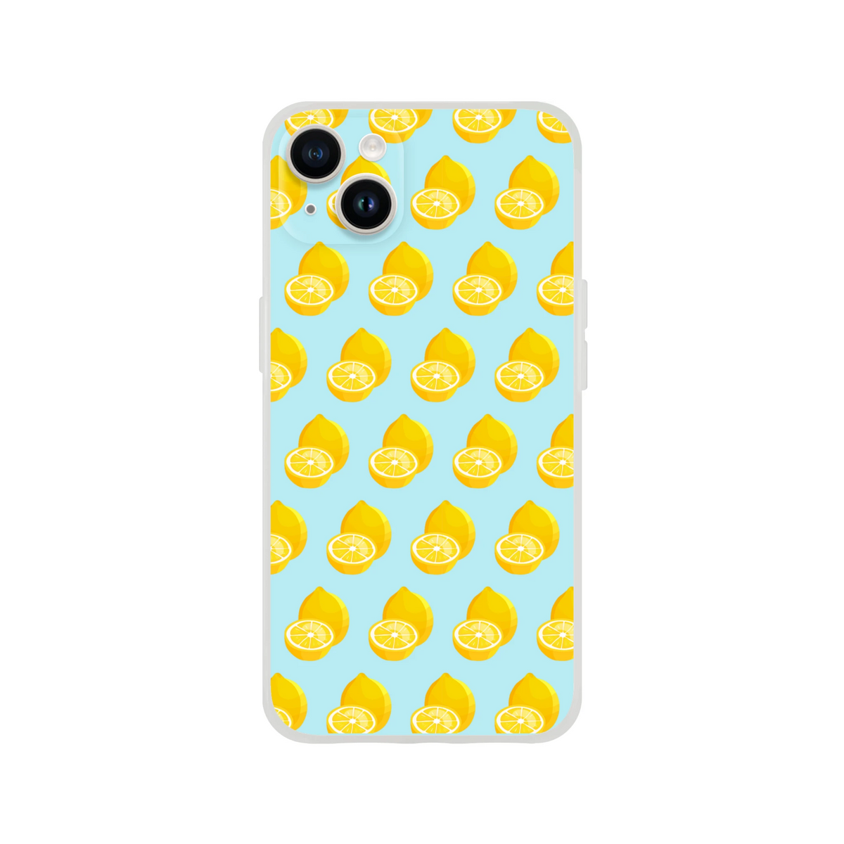 Pastel blue iPhone case featuring a repeating pattern of yellow whole and sliced lemons for summer style.
